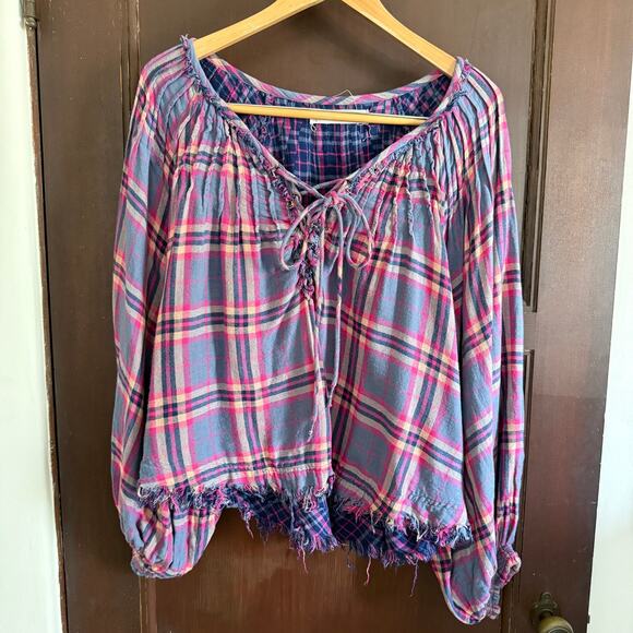 FREE PEOPLE | We The Free Cloud Breaker Purple Plaid Lace Up Boho Blouse | Small - Picture 2 of 9
